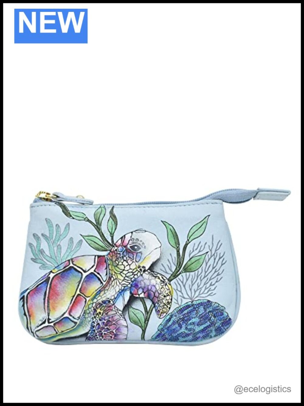 Genuine Leather Coin Purse with Zipper Closure Hand-Painted Design